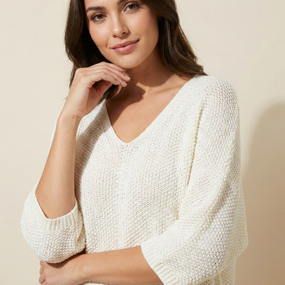 Wide Knit Sweater Scoop Neck 3/4 Sleeve 15% Alpaca Elastic Waist