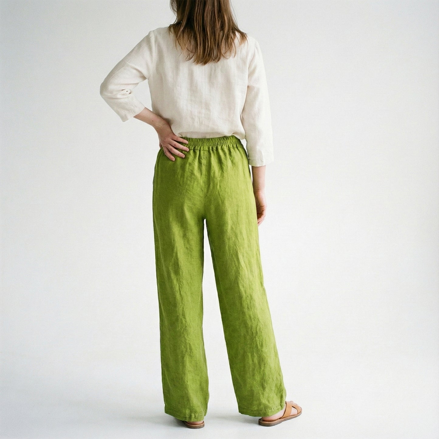 100% Linen Wide Leg Pants with Elasticated Drawstring Waist