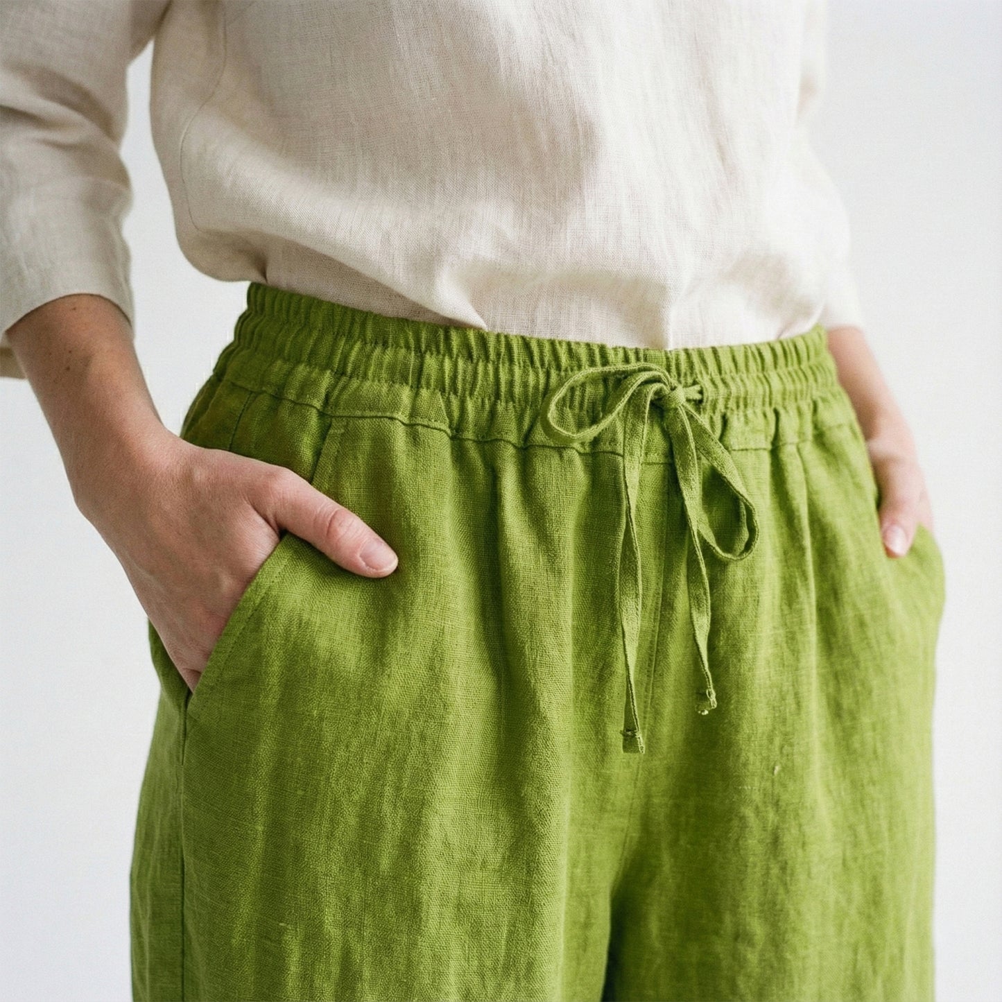 100% Linen Wide Leg Pants with Elasticated Drawstring Waist