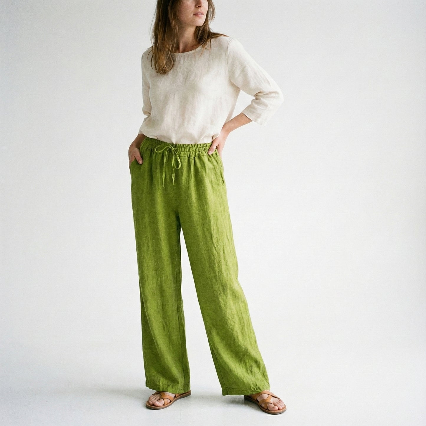 100% Linen Wide Leg Pants with Elasticated Drawstring Waist