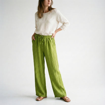 100% Linen Wide Leg Pants with Elasticated Drawstring Waist