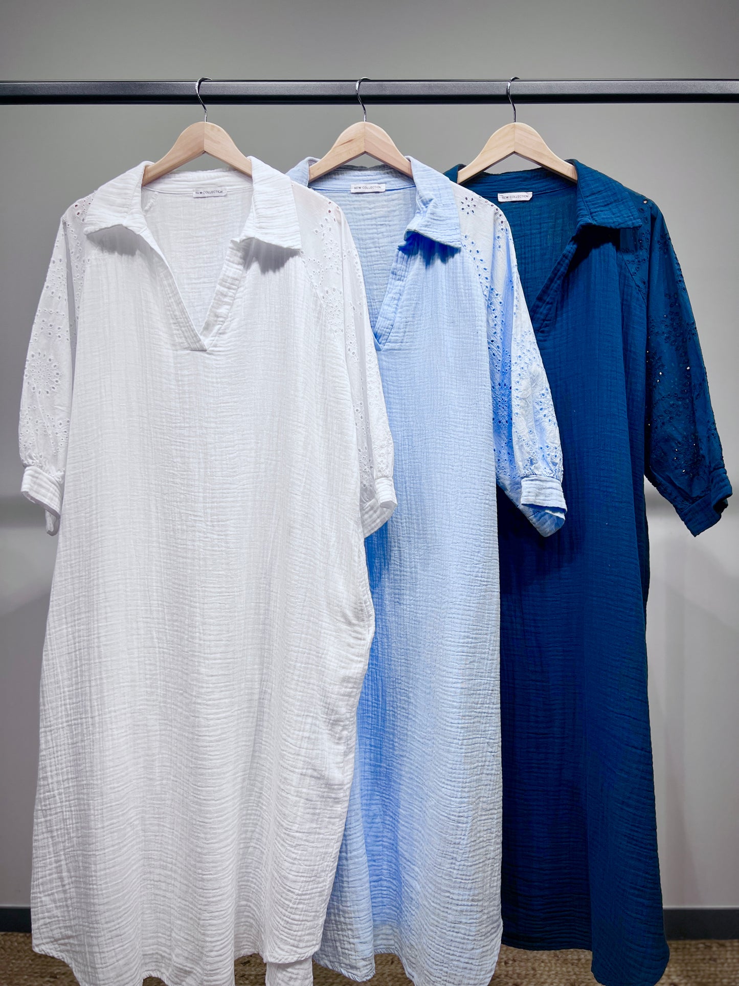 Robe Col Chemise Manche 3/4 Gaze Brodée Ajourée 100% Coton
