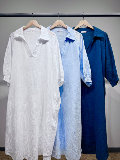 Robe Col Chemise Manche 3/4 Gaze Brodée Ajourée 100% Coton