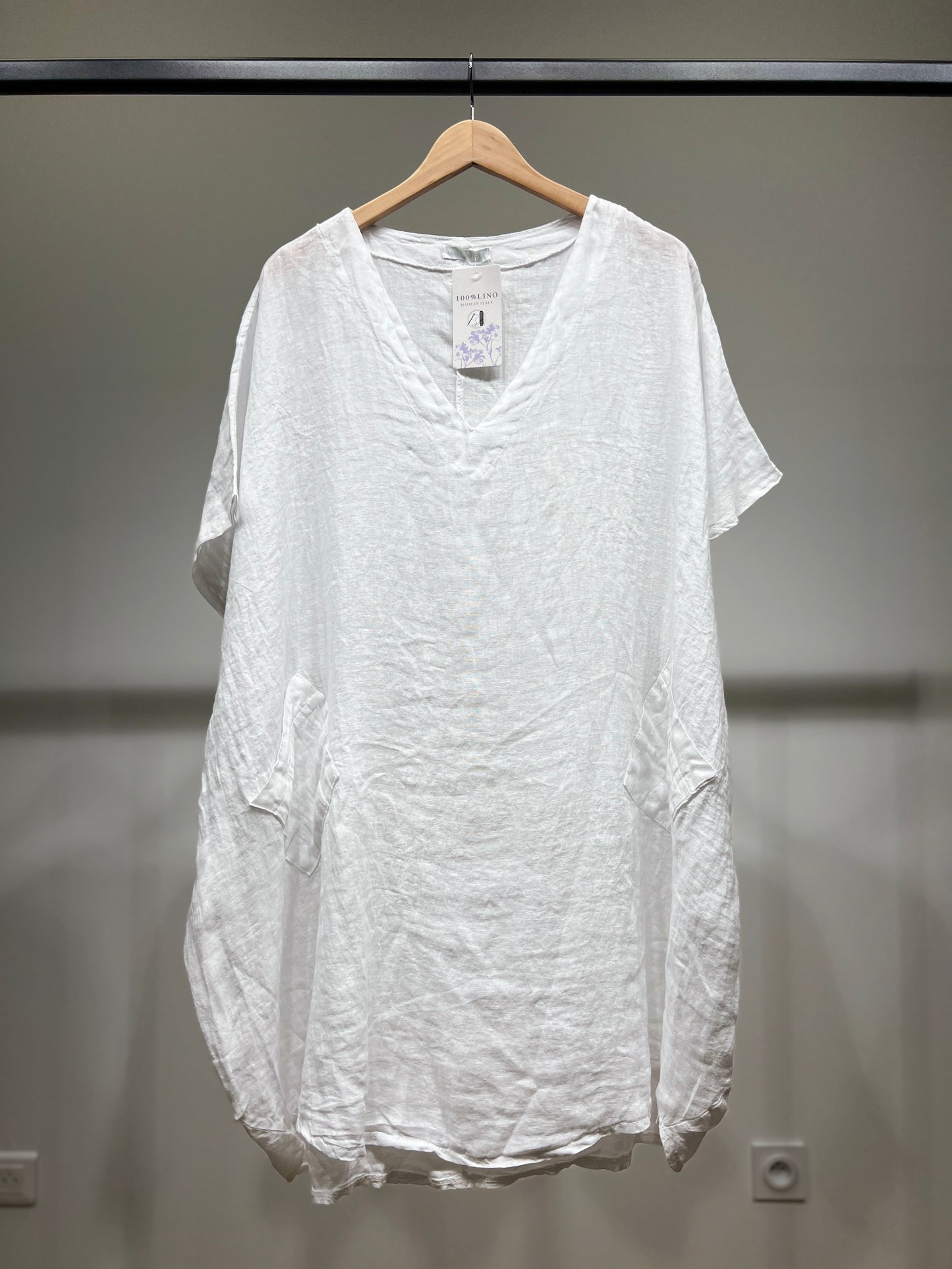Tunique Large Col V Manche Courte à Poches 100% Lin