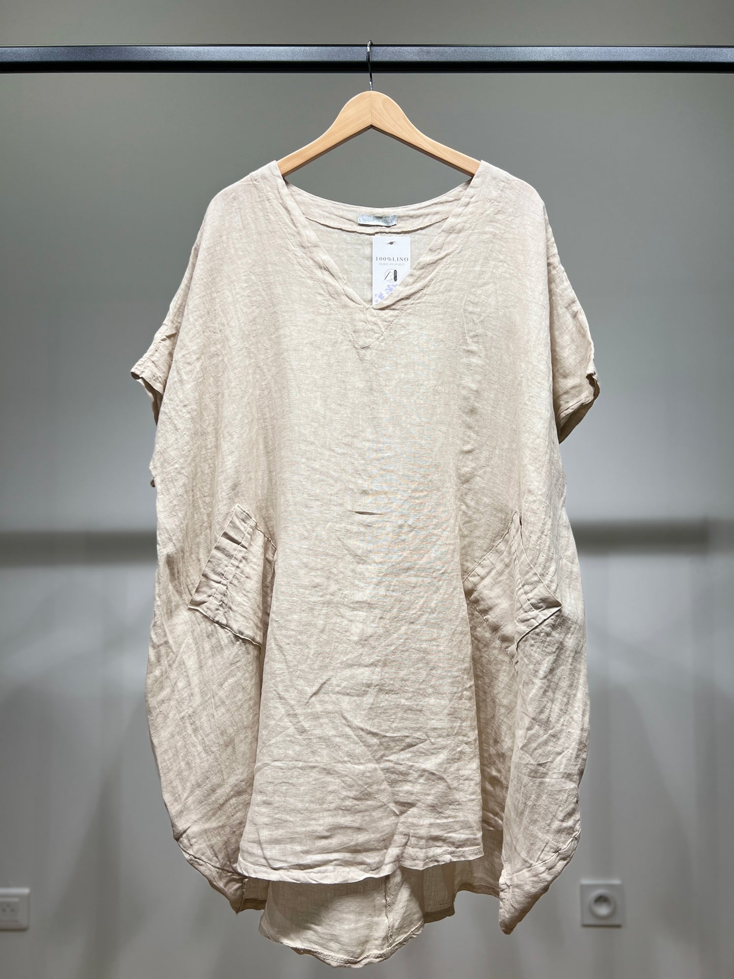 Tunique Large Col V Manche Courte à Poches 100% Lin