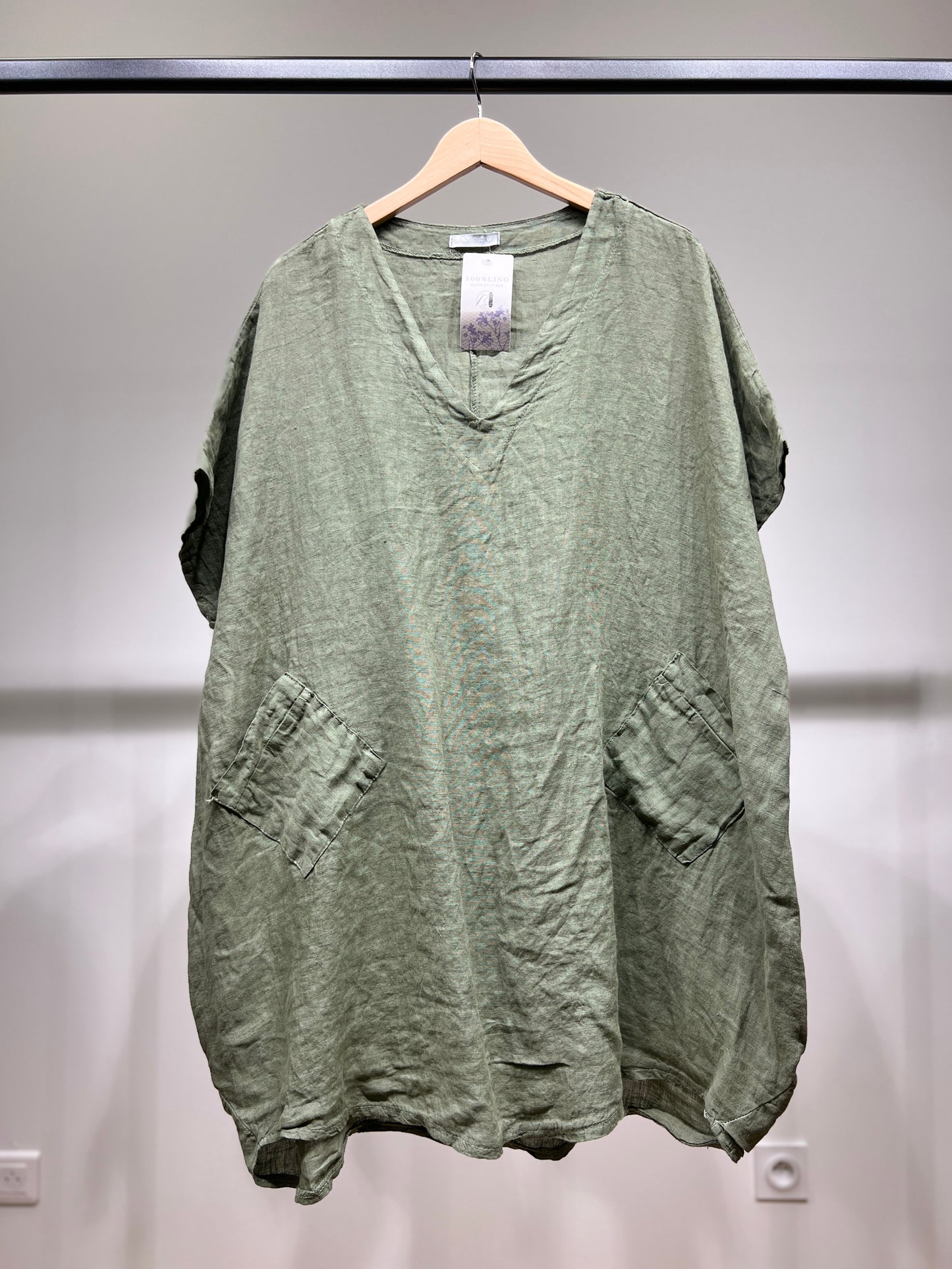 Tunique Large Col V Manche Courte à Poches 100% Lin