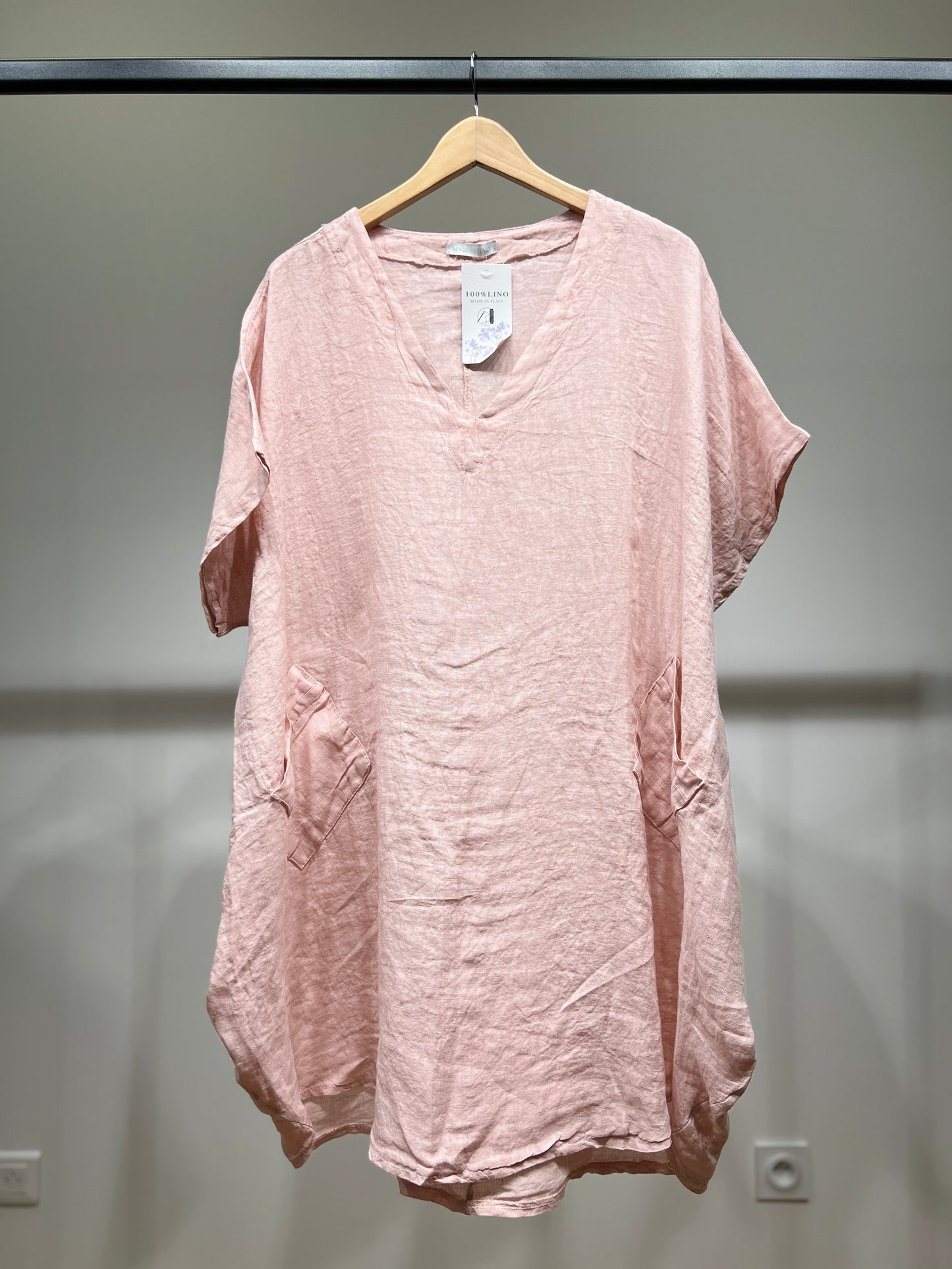 Tunique Large Col V Manche Courte à Poches 100% Lin