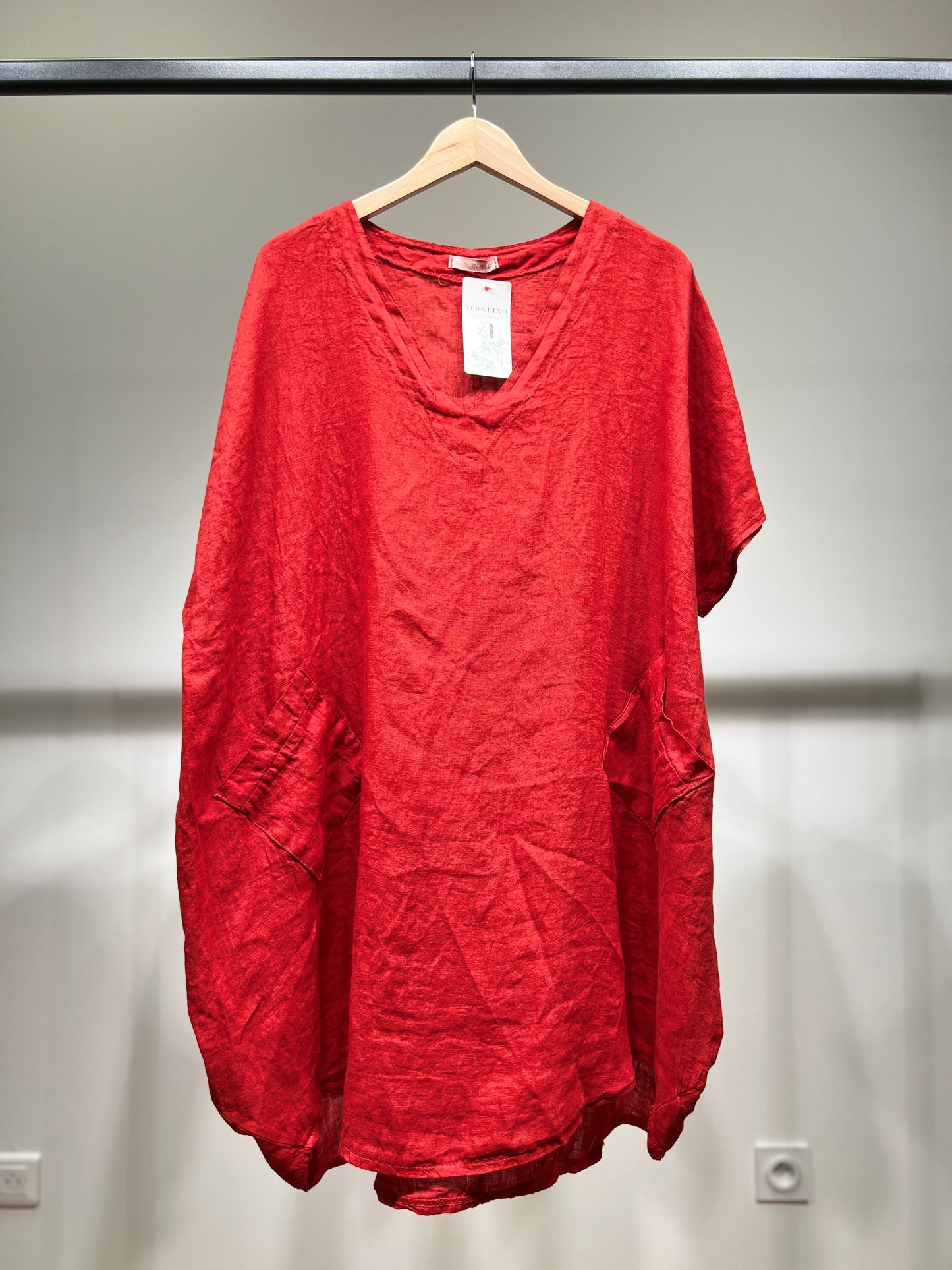 Tunique Large Col V Manche Courte à Poches 100% Lin