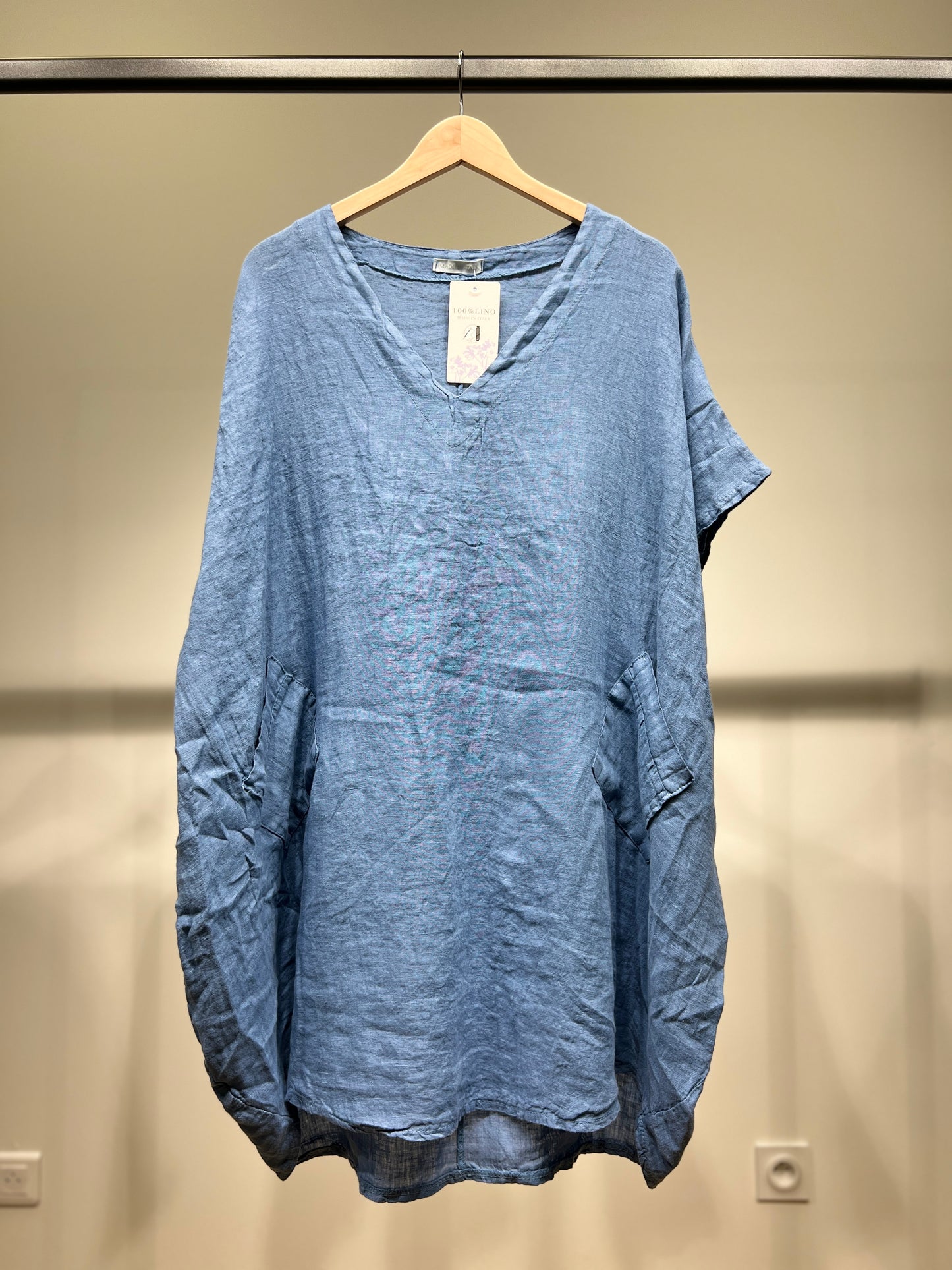 Tunique Large Col V Manche Courte à Poches 100% Lin