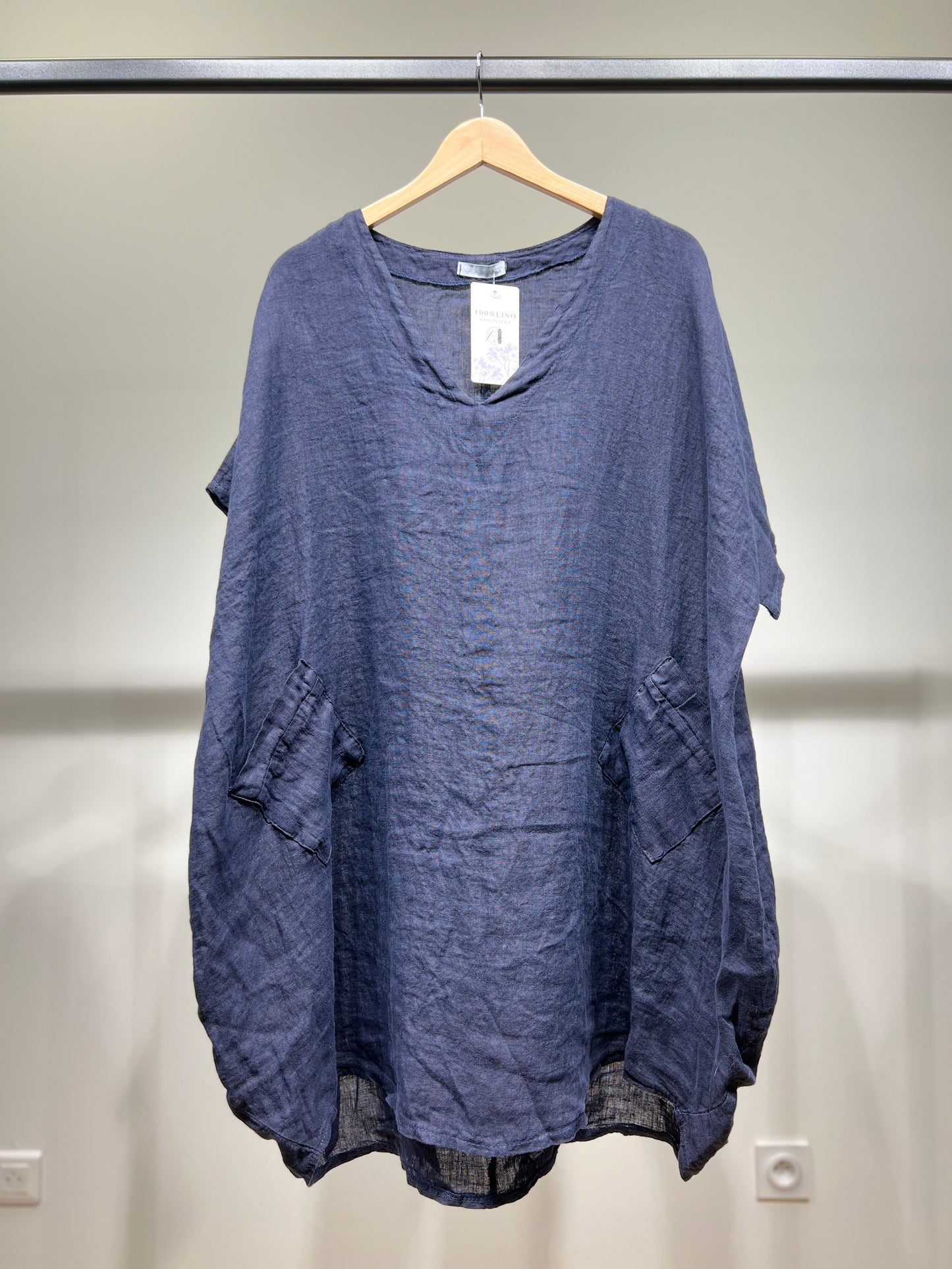 Tunique Large Col V Manche Courte à Poches 100% Lin