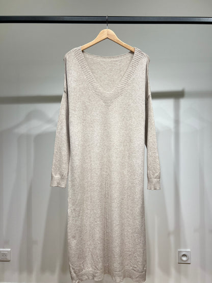 Robe Pull Maille Fine Bord-Côtes Côtelé Col V