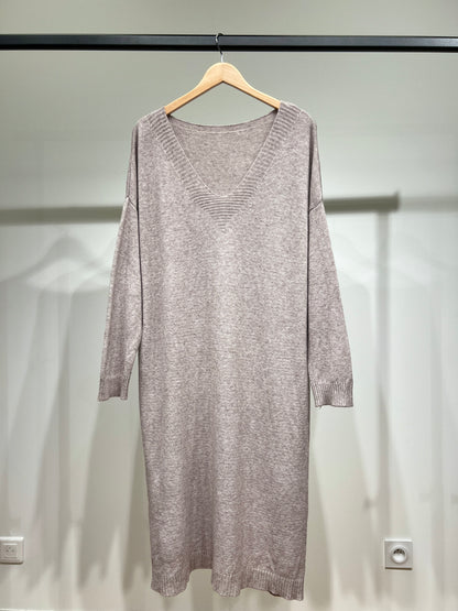 Robe Pull Maille Fine Bord-Côtes Côtelé Col V