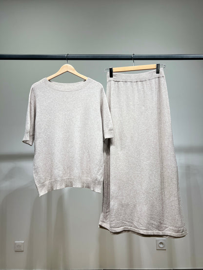 Ensemble Pull Jupe Manche Courte Bords-Côtes à Fente