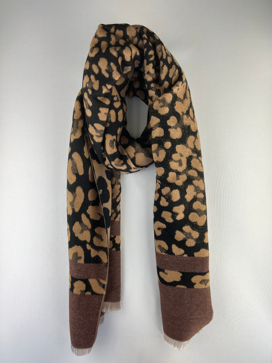 Écharpe Motif Léopard & Bandes Unies à Franges 30% Cachemire