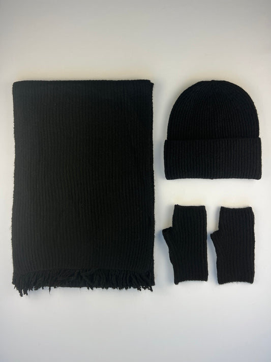Ensemble Écharpe Bonnet Mitaines Côtelé à Franges 40% Laine