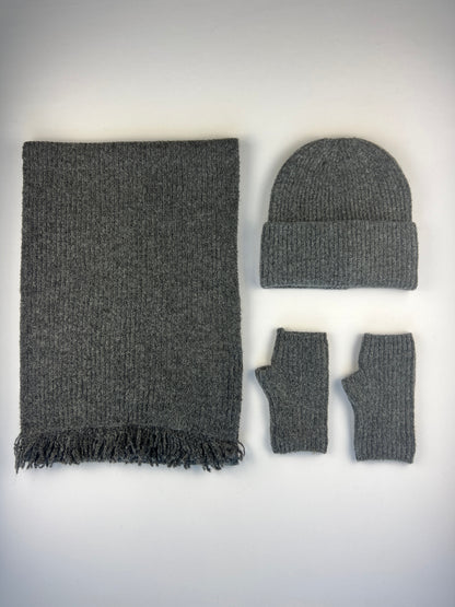 Ensemble Écharpe Bonnet Mitaines Côtelé à Franges 40% Laine