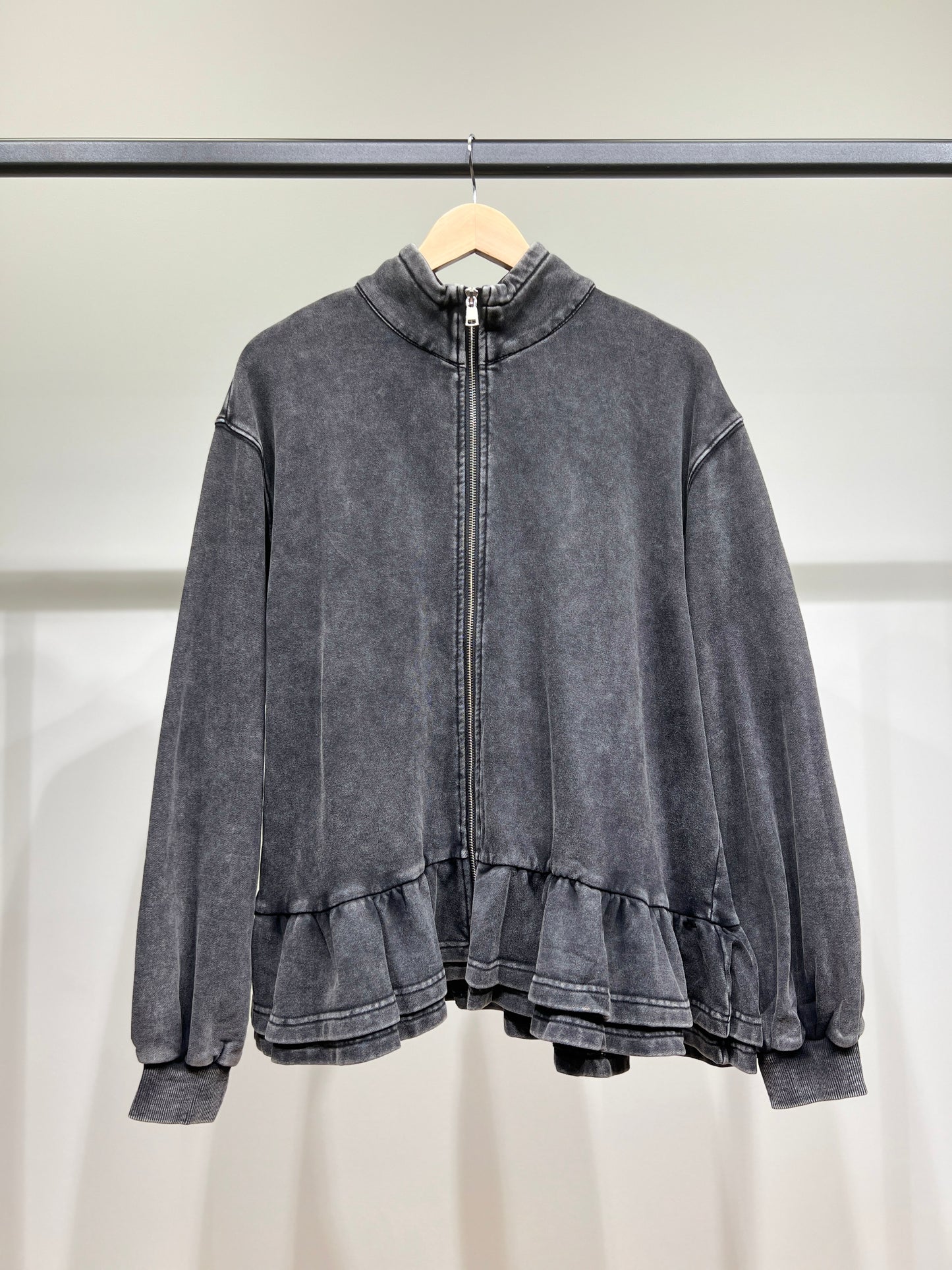 Veste Zippée Col Montant Effet Délavé Volants Bas 100% Coton