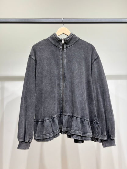 Veste Zippée Col Montant Effet Délavé Volants Bas 100% Coton