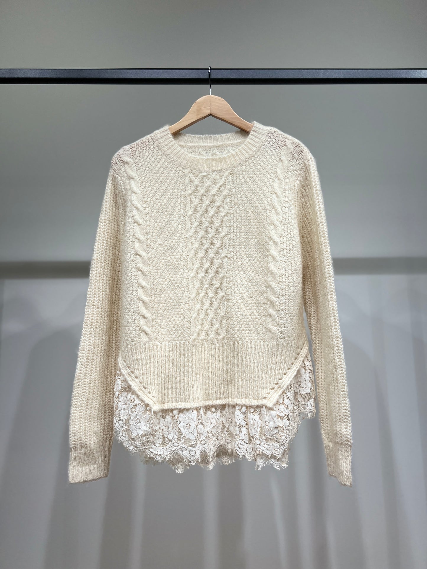 Pull Maille Tricot Torsadé Effet Superposé Volants Dentelle