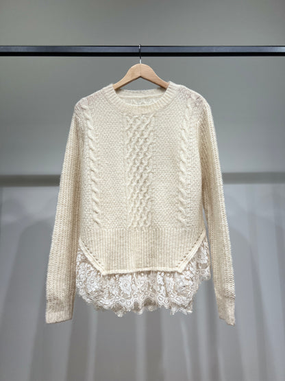 Pull Maille Tricot Torsadé Effet Superposé Volants Dentelle