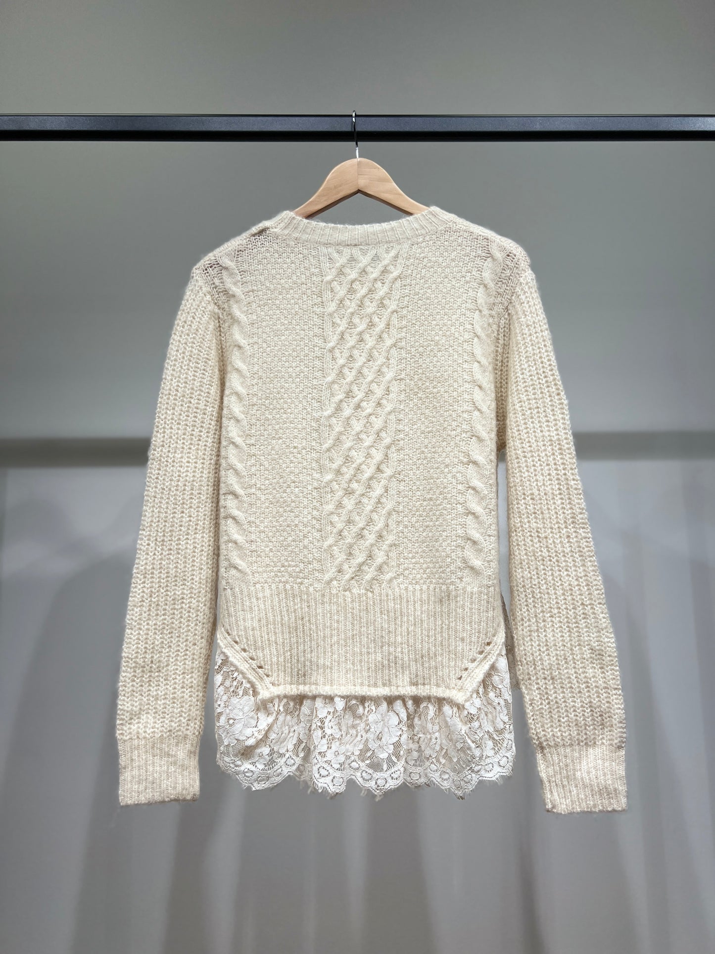 Pull Maille Tricot Torsadé Effet Superposé Volants Dentelle