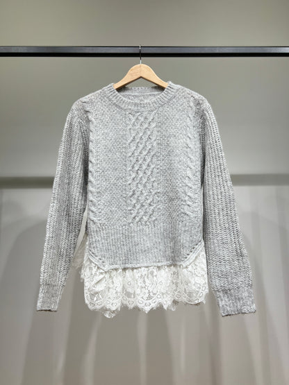 Pull Maille Tricot Torsadé Effet Superposé Volants Dentelle