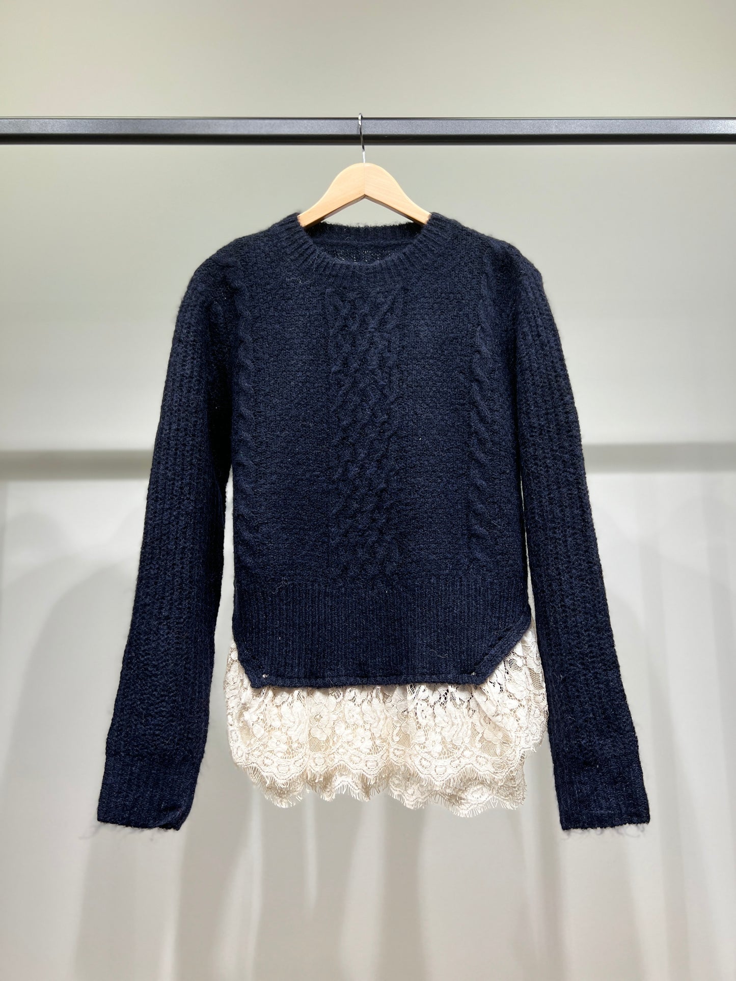 Pull Maille Tricot Torsadé Effet Superposé Volants Dentelle