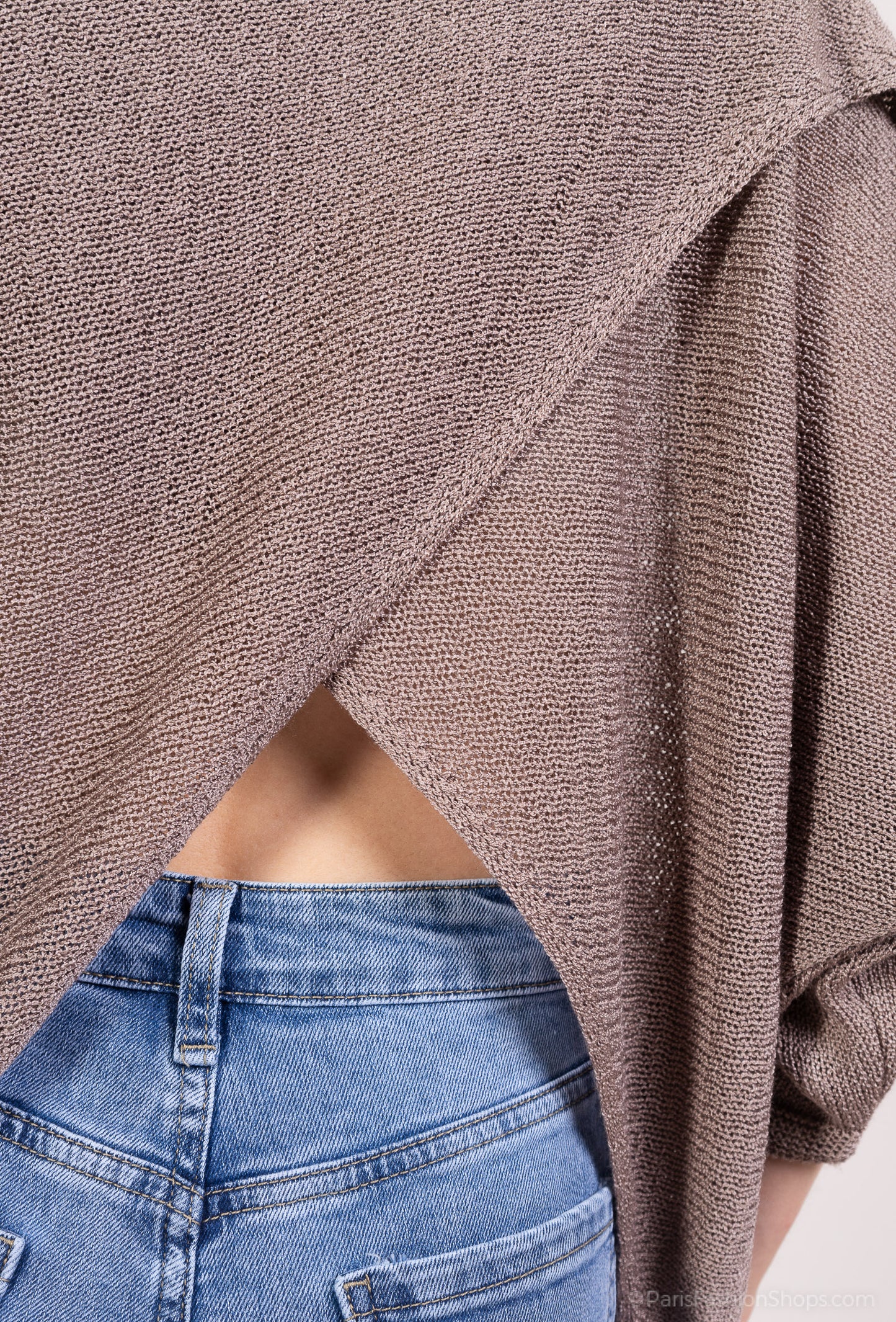 Lightweight Openwork Knit Sweater with Crossover Effect and Batwing Sleeves