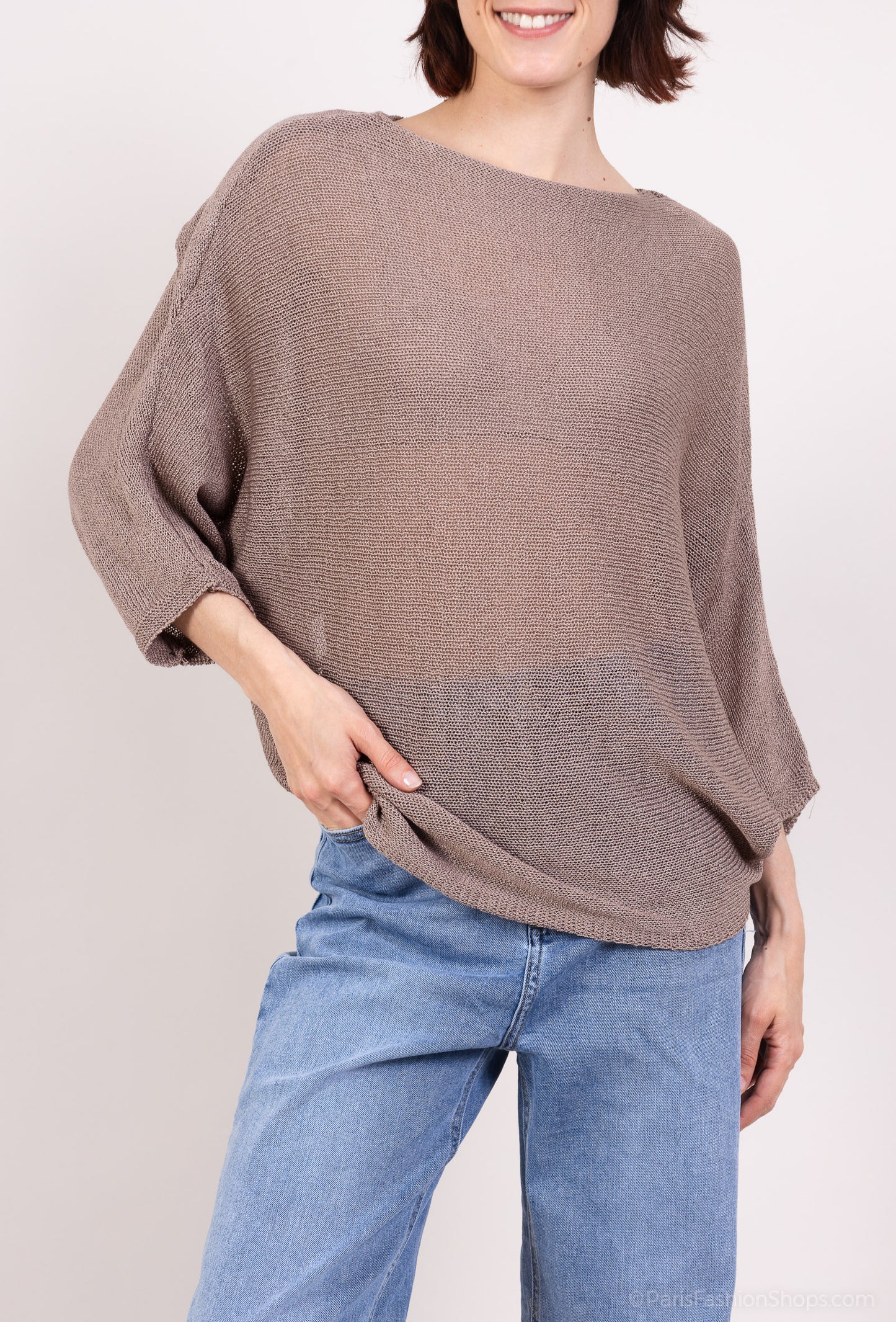 Lightweight Openwork Knit Sweater with Crossover Effect and Batwing Sleeves