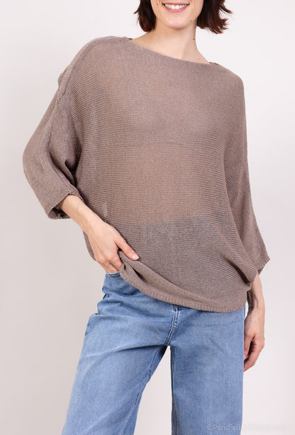 Lightweight Openwork Knit Sweater with Crossover Effect and Batwing Sleeves