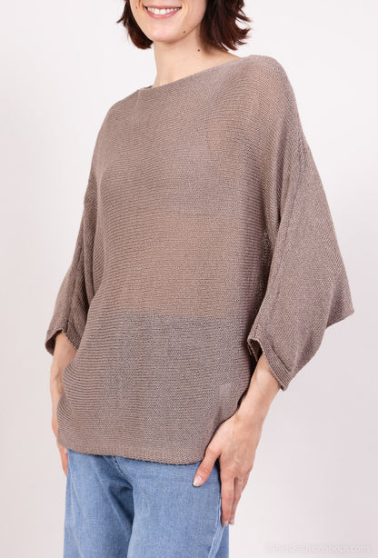 Lightweight Openwork Knit Sweater with Crossover Effect and Batwing Sleeves