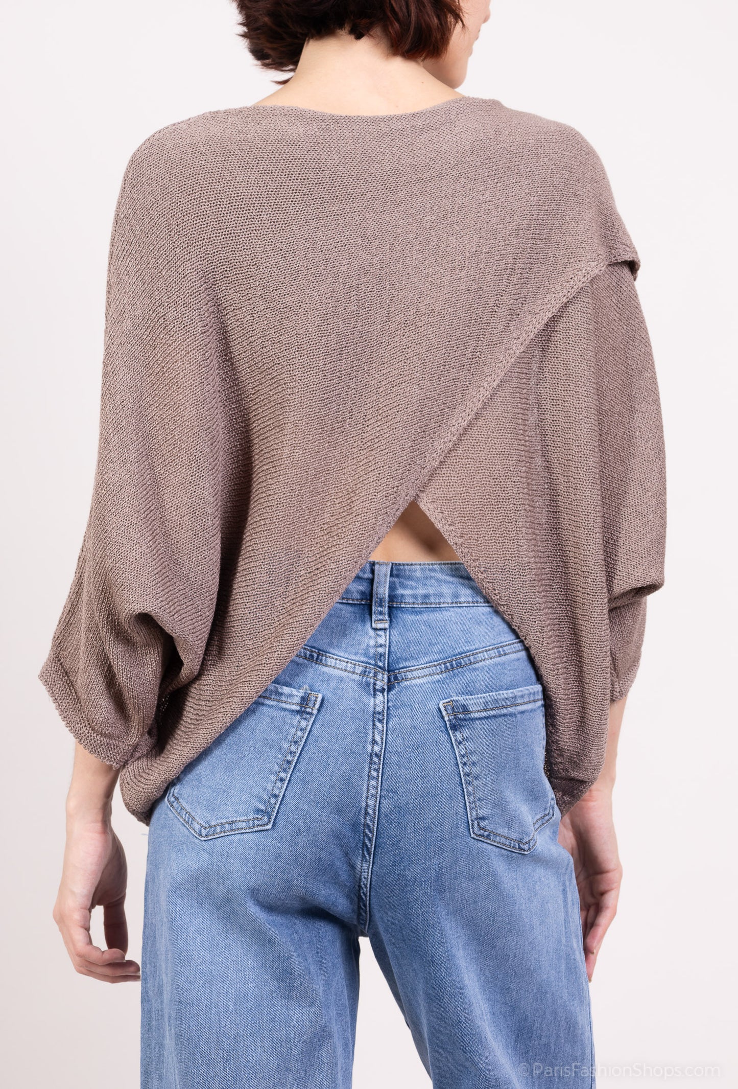 Lightweight Openwork Knit Sweater with Crossover Effect and Batwing Sleeves