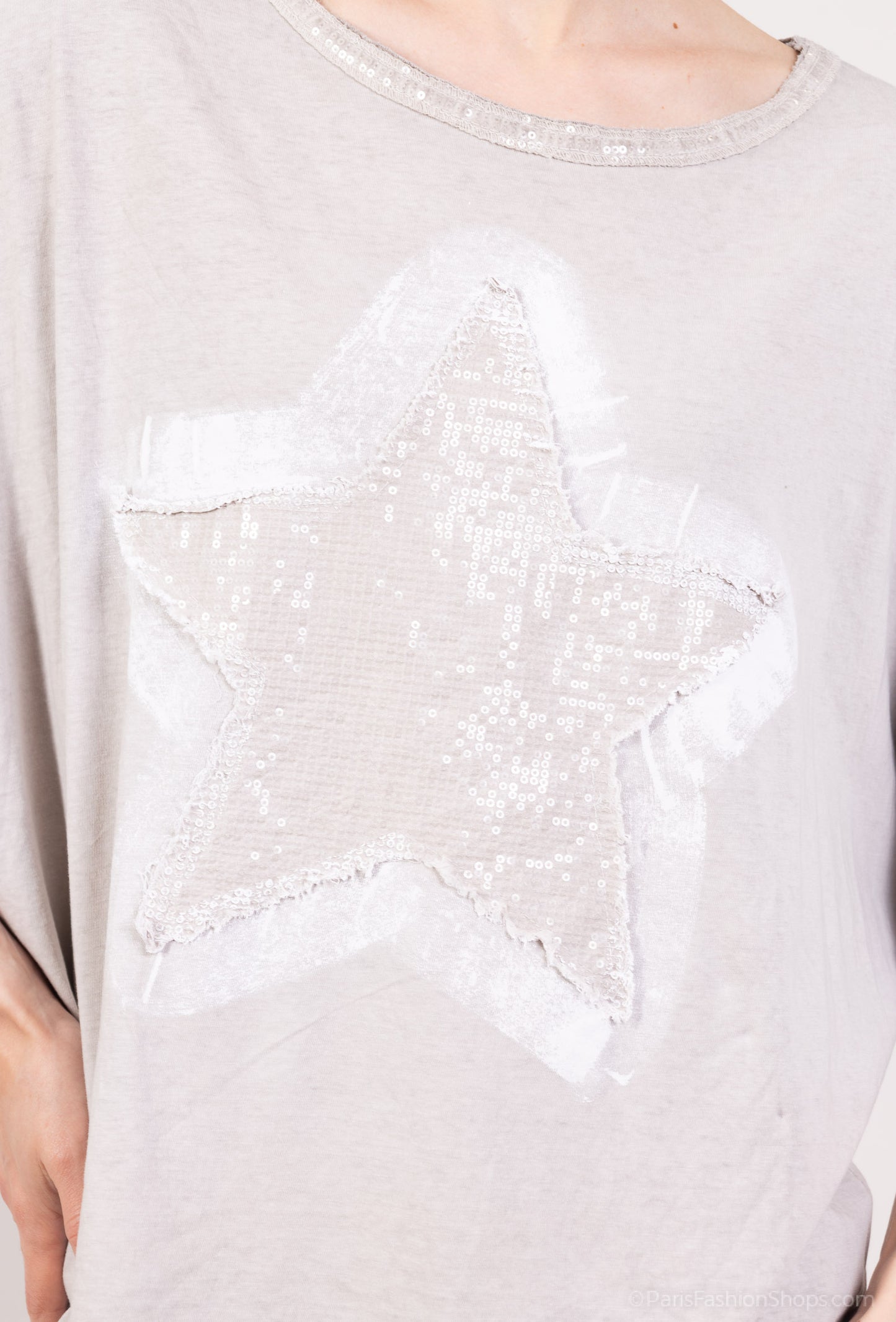 T-Shirt Large Motif Étoile Brodé à Sequins 100% Coton