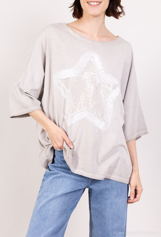T-Shirt Large Motif Étoile Brodé à Sequins 100% Coton