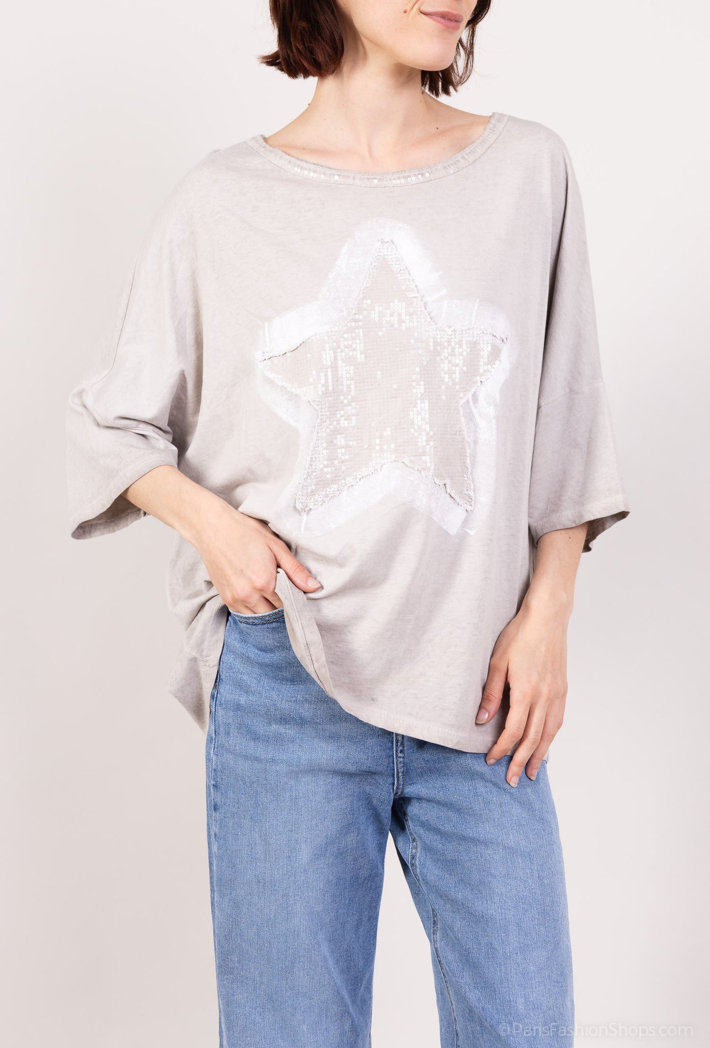 T-Shirt Large Motif Étoile Brodé à Sequins 100% Coton