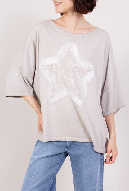 T-Shirt Large Motif Étoile Brodé à Sequins 100% Coton