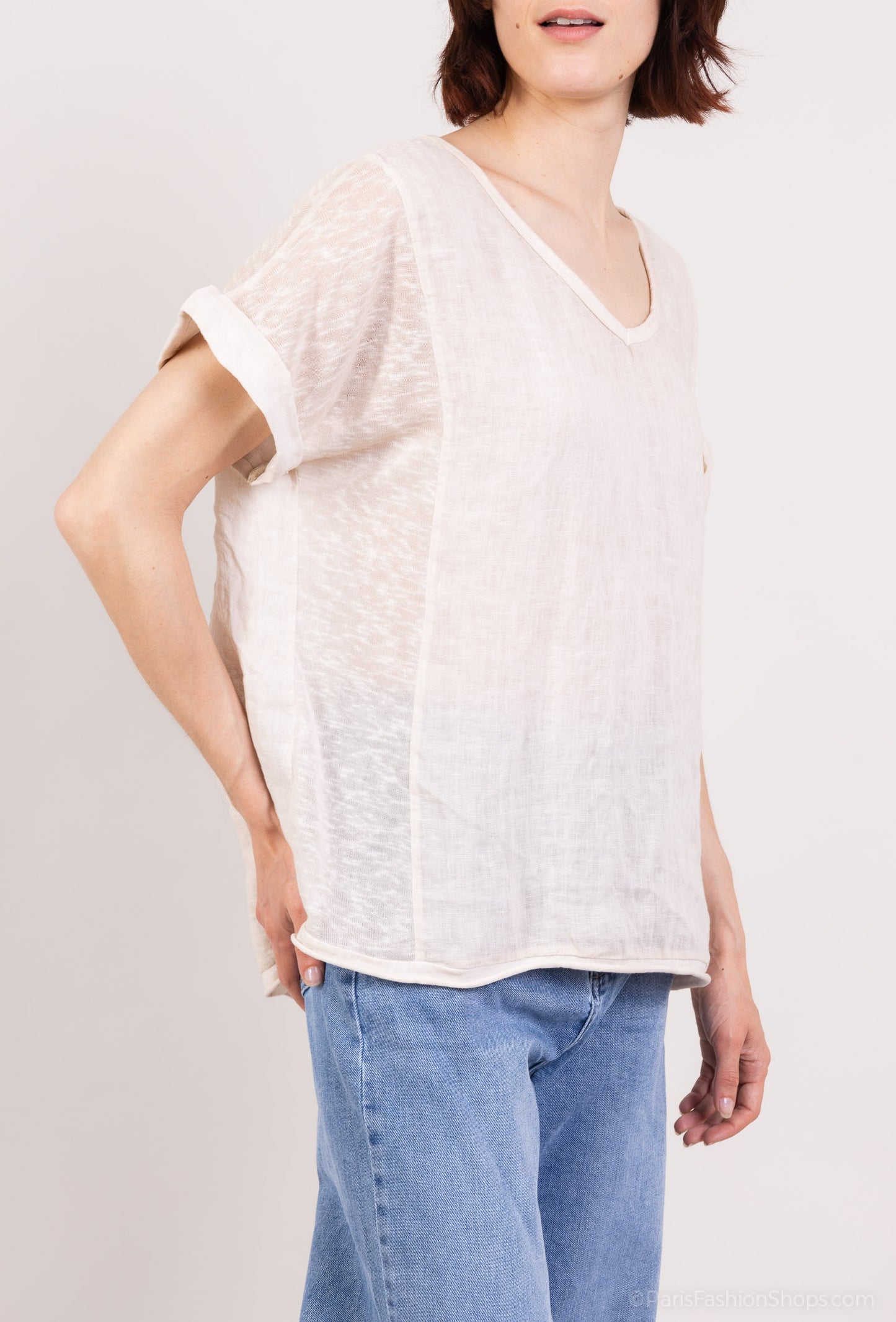 T-Shirt Manche Courte à Ourlet Chiné 100% Lin