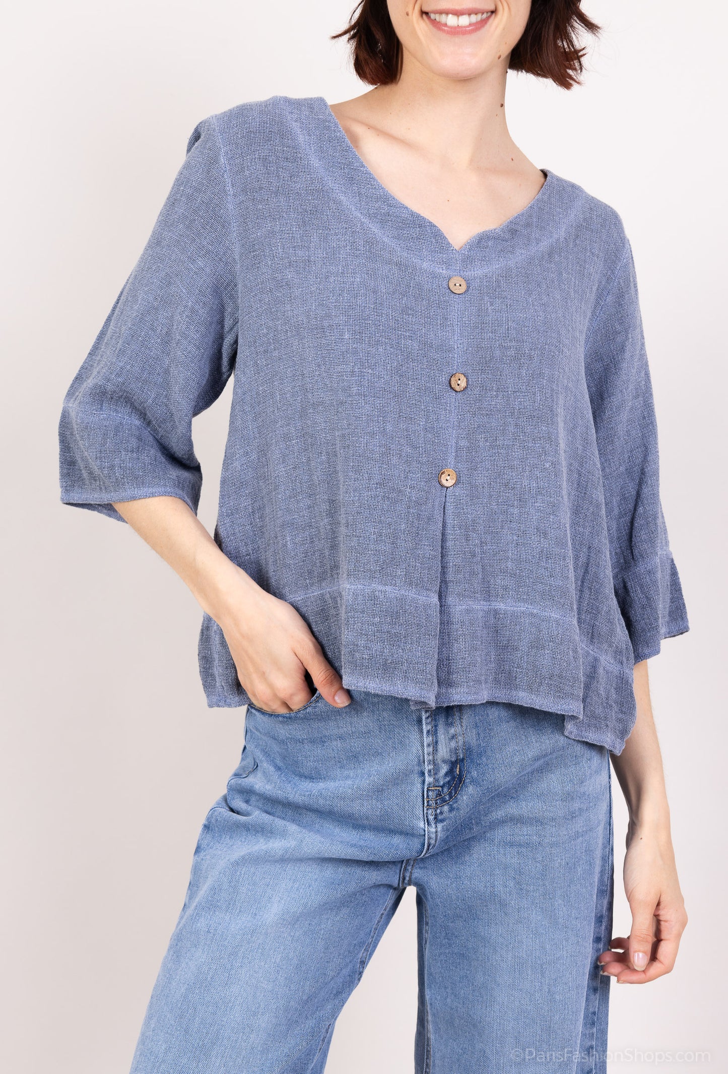 Pull Manche 3/4 Effet Cardigan 50% Lin & 50% Coton