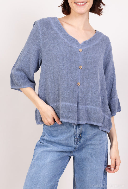 Pull Manche 3/4 Effet Cardigan 50% Lin & 50% Coton