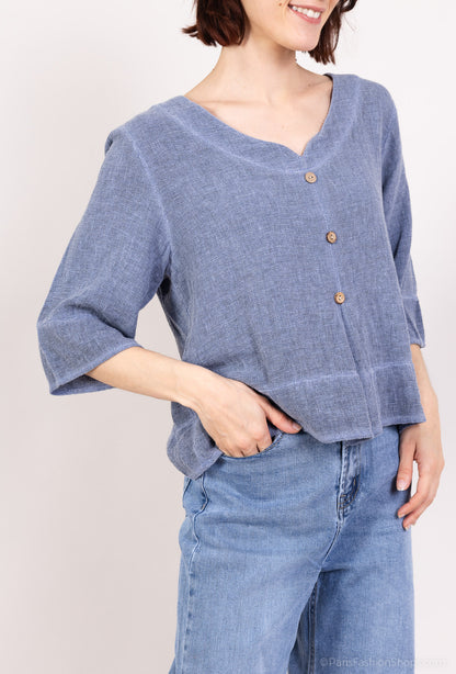 Pull Manche 3/4 Effet Cardigan 50% Lin & 50% Coton