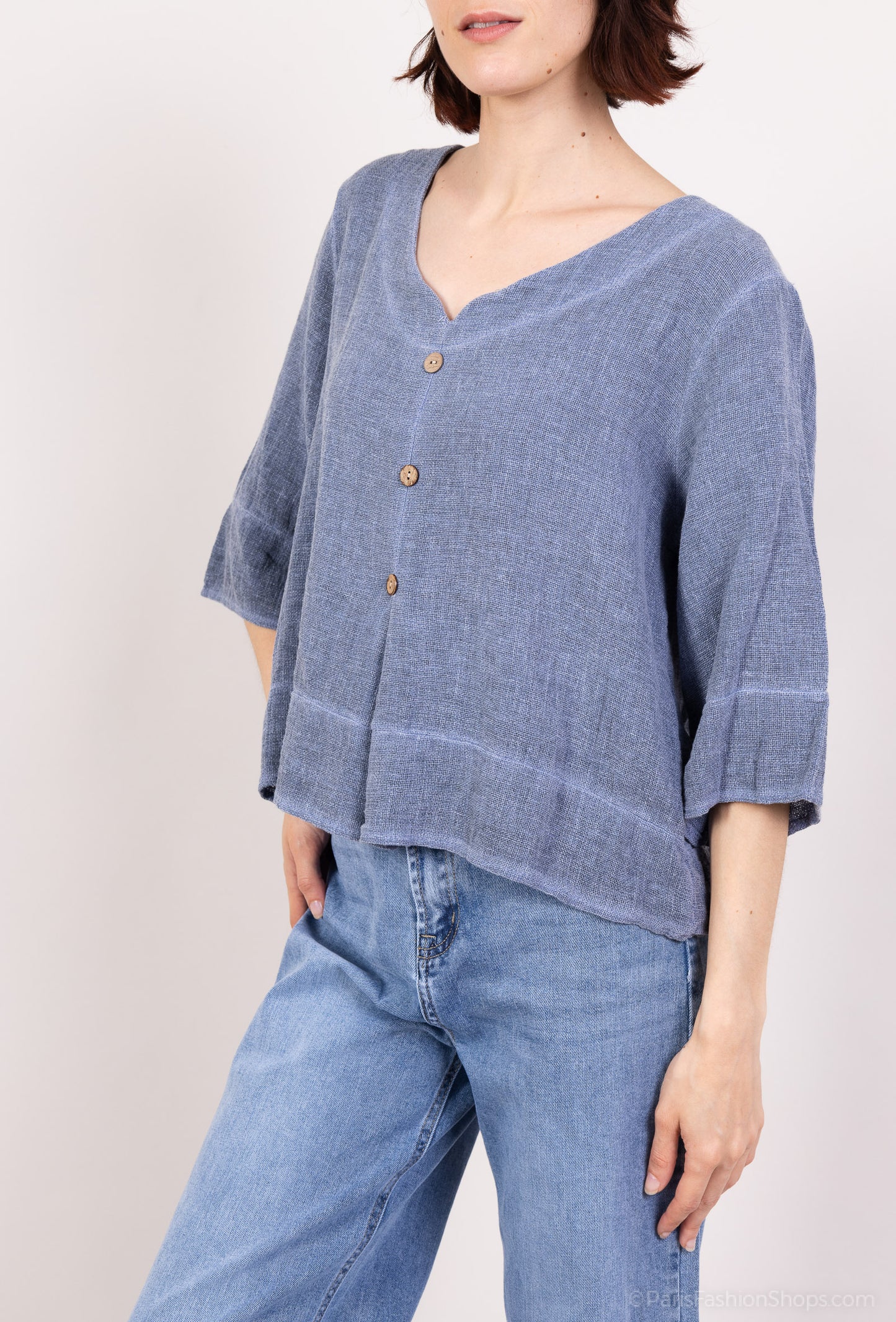 Pull Manche 3/4 Effet Cardigan 50% Lin & 50% Coton