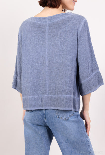 Pull Manche 3/4 Effet Cardigan 50% Lin & 50% Coton