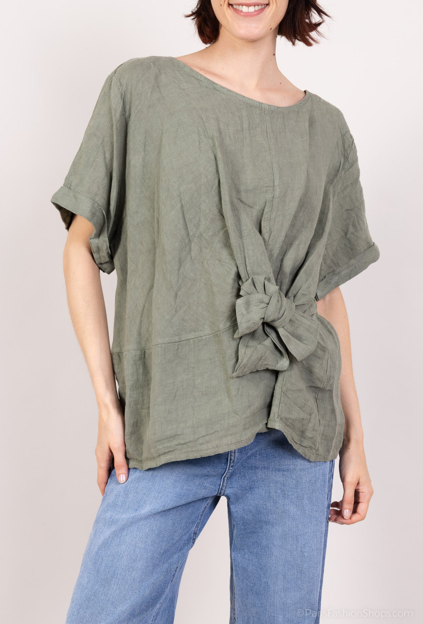 T-Shirt Manche Courte Large Nœud Décoratif 100% Lin