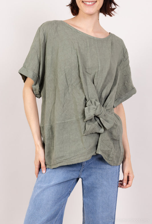 T-Shirt Manche Courte Large Nœud Décoratif 100% Lin