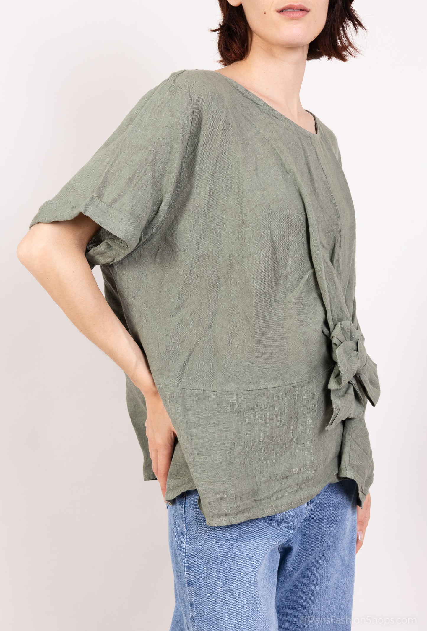 T-Shirt Manche Courte Large Nœud Décoratif 100% Lin