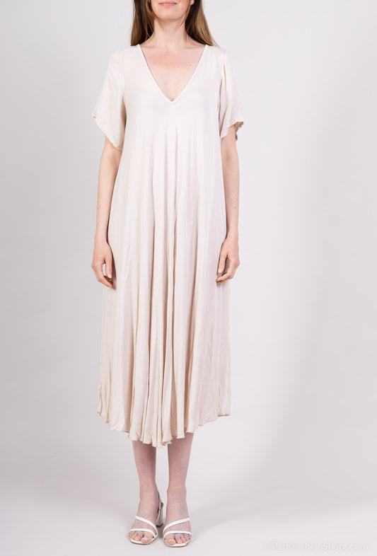 Robe Évasée Col V Manche Courte Maxi 100% Viscose