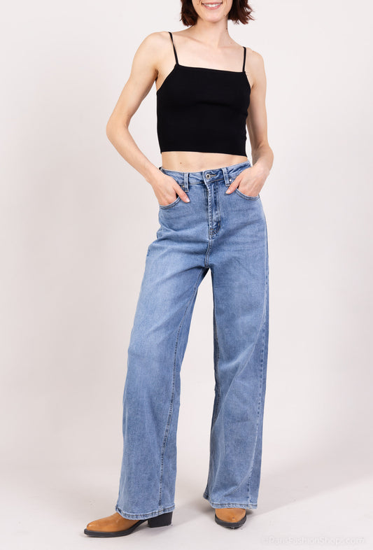 Jean Droit Stretch Coupe Large Taille Haute Taillé