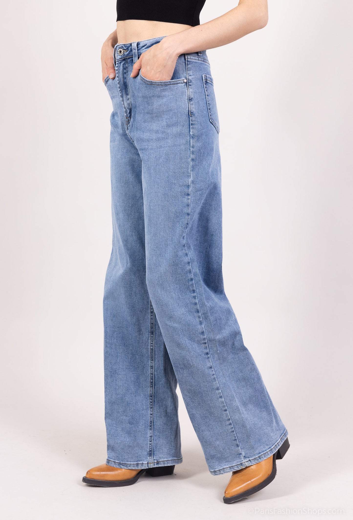 Jean Droit Stretch Coupe Large Taille Haute Taillé