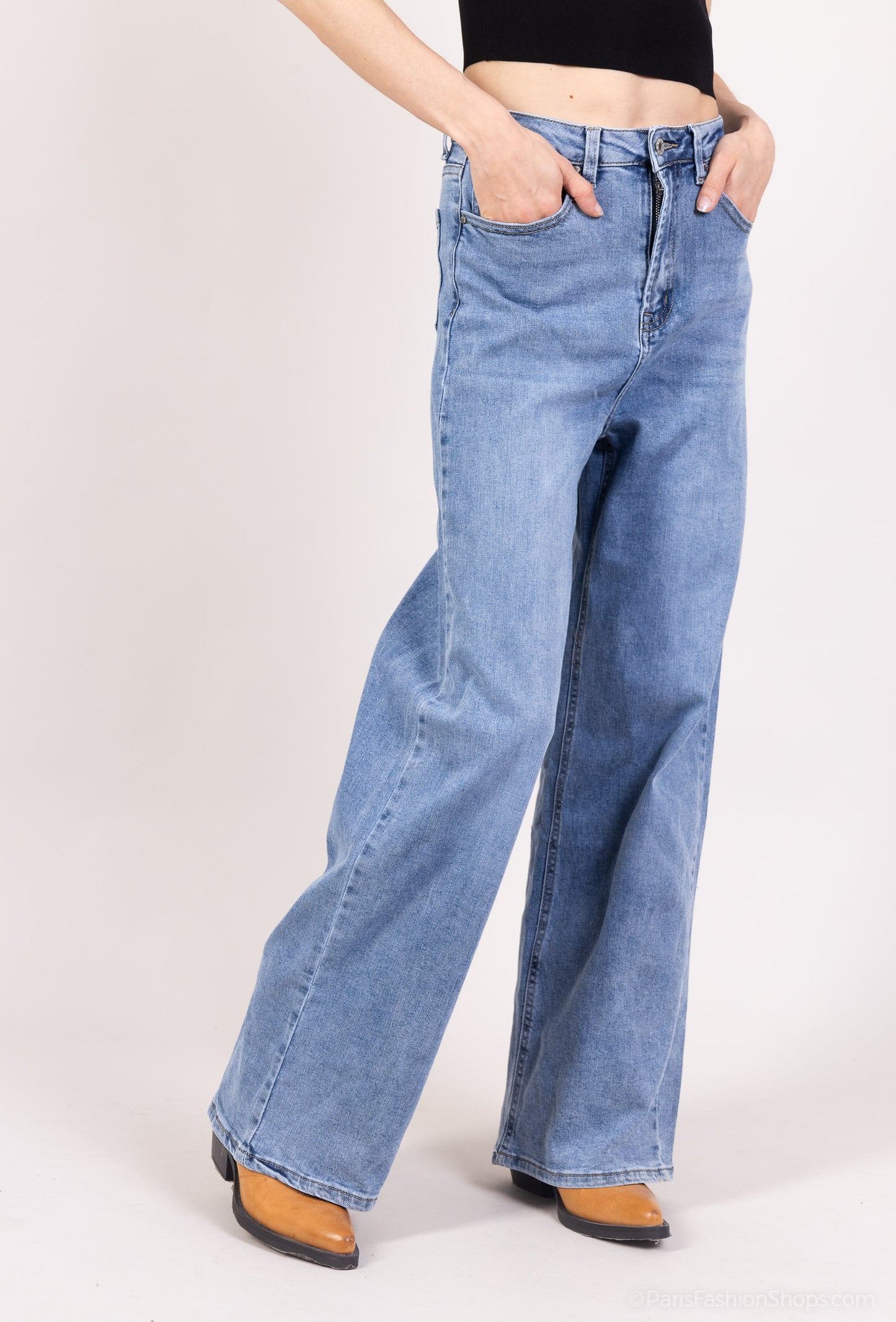 Jean Droit Stretch Coupe Large Taille Haute Taillé