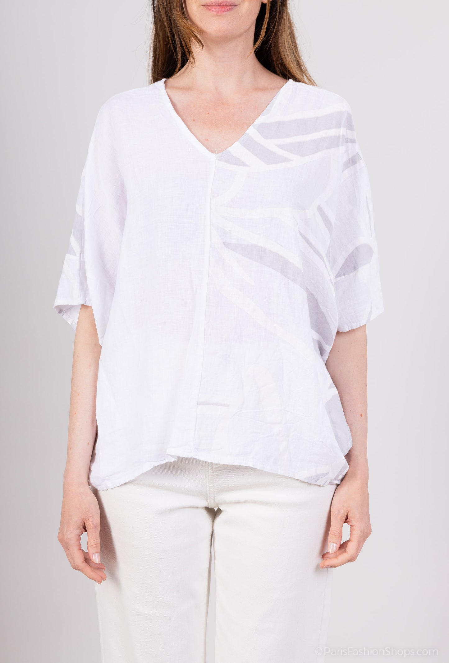 T-Shirt Manche Chauve Souris Col V à Motif Fleurs 100% Lin